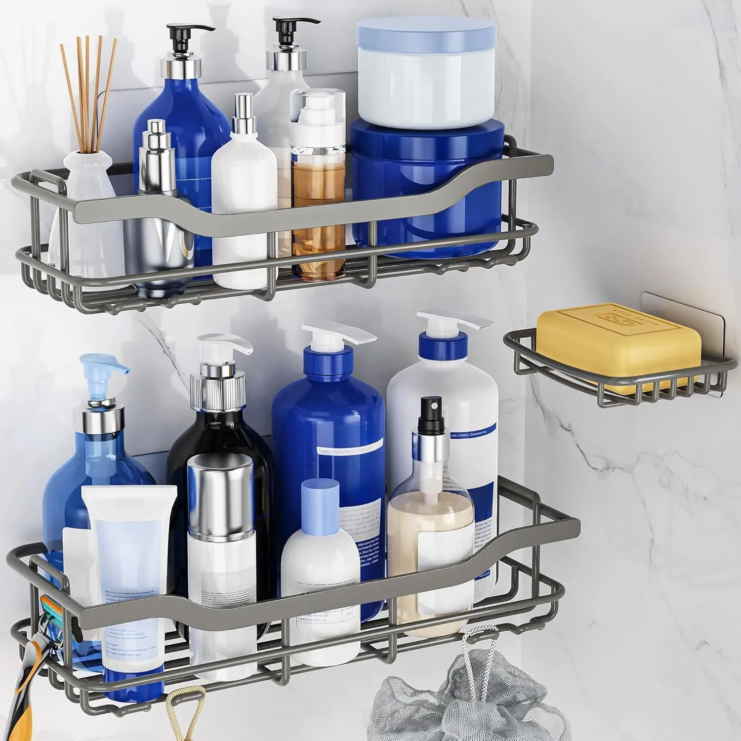 X-Large Grey 3-Pack Stainless Steel Marble Shower Caddy Set with Soap Holder - Adhesive, Rustproof, No-Drill Installation, Sturdy Wall Organizer Shelves for Smooth Walls, Glass, Tile
