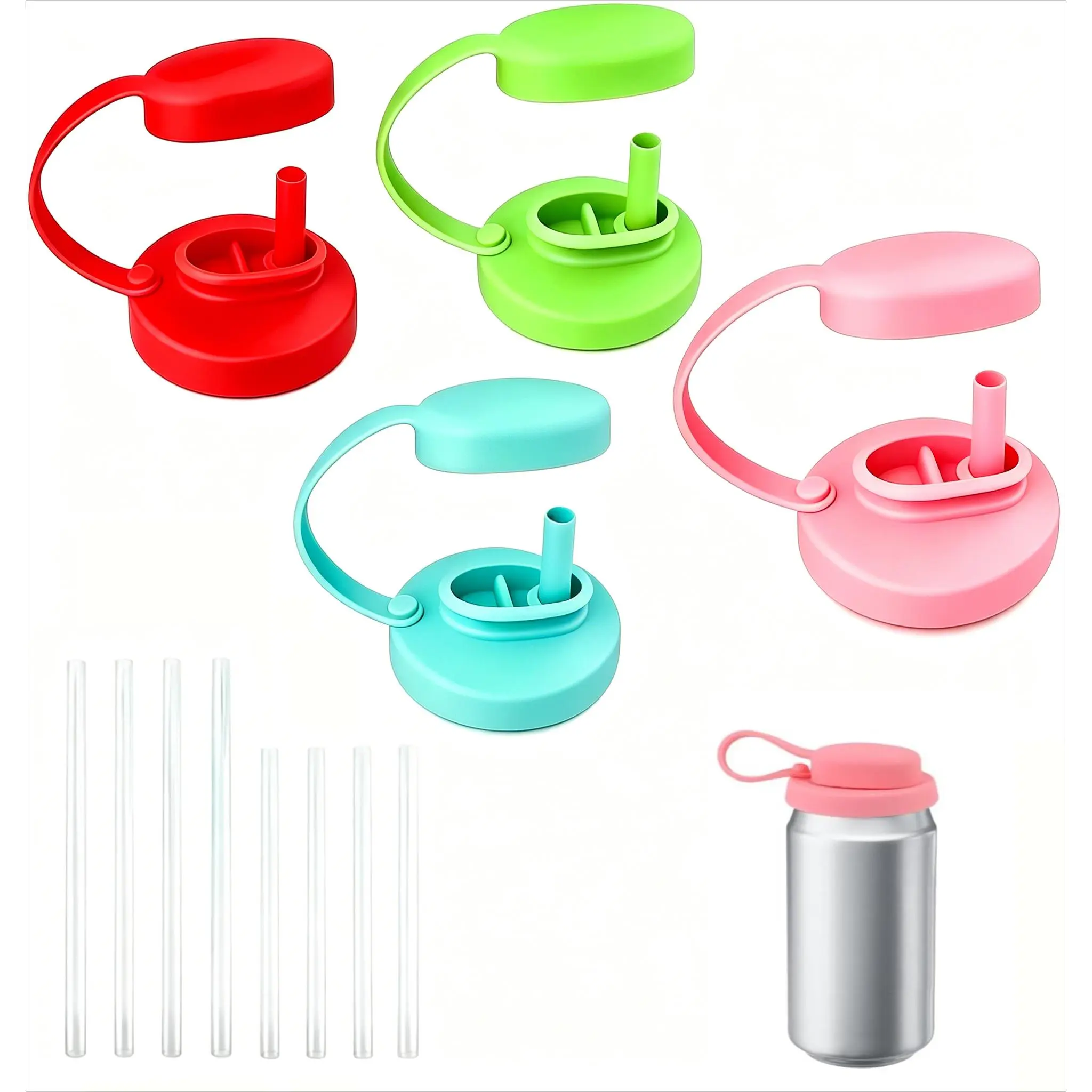 Soda Can Lids with Straw 4-Pack (4 Colors) Silicone  Reusable Can Covers, Leakproof & Airtight Seal to Keep Drinks Fresh ,for Beer Coka Beverage Juice for Home School Office and Easy to Carry SummerVibes`