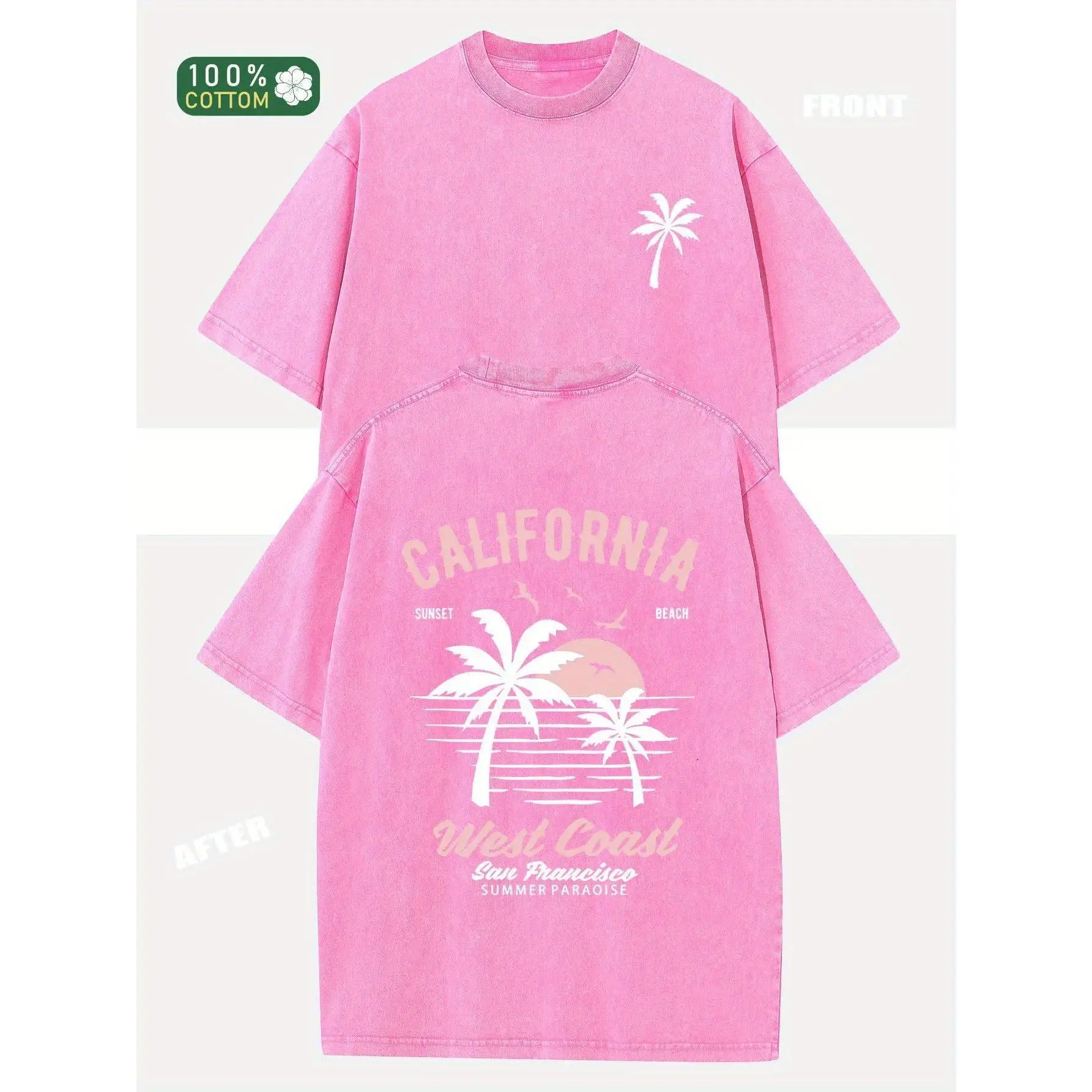 Men's 230g Washed Cotton Graphic T-Shirt - California Palm Tree & Surfboard Retro Double-Sided Print, Loose-Fit Unisex Short-Sleeve Top, Summer Casual Beachwear, Machine Washable, Mens Clothing, Clothes for Women, Good Graphic Tees, S Size, T Shirts For W