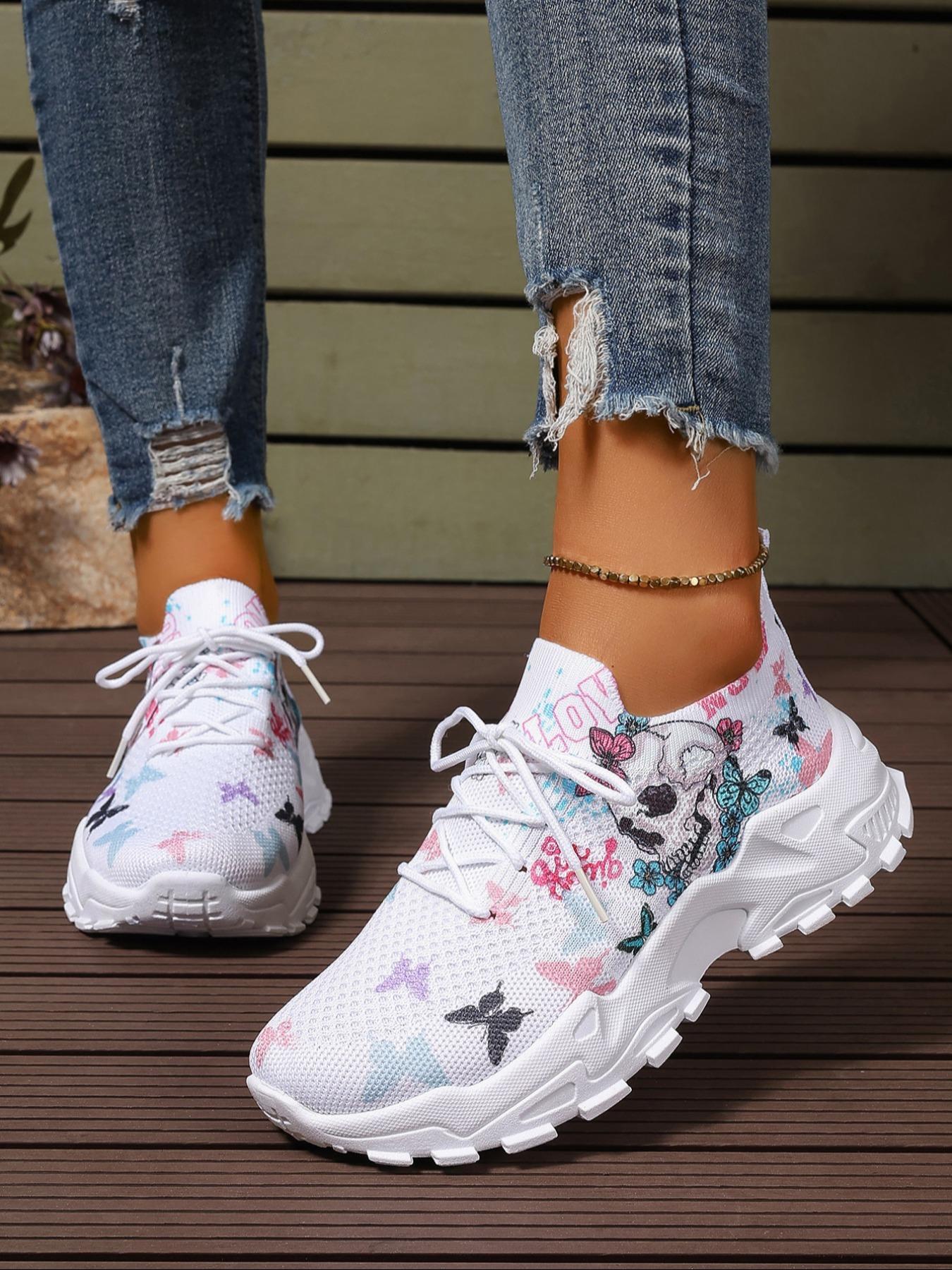 Women's Fashionable Butterfly & Skull Print Lace Up Low Top Sneakers, Casual Comfortable Breathable Sports Running Shoes, All-match Basic Shoes for Daily Wear, Sporty Running Fashion