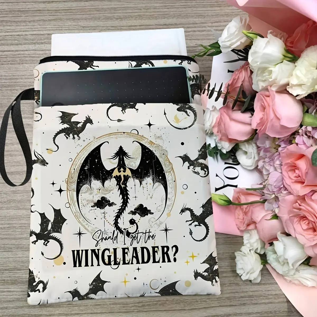 Dragon Print Briefcase, Fantasy Novel Zipper Book Cover, Multi-Use Bag for Books, Tablets, Stationery, Durable Book Jacket, Book Lover Storage Bag, Imaginative, Aesthetics