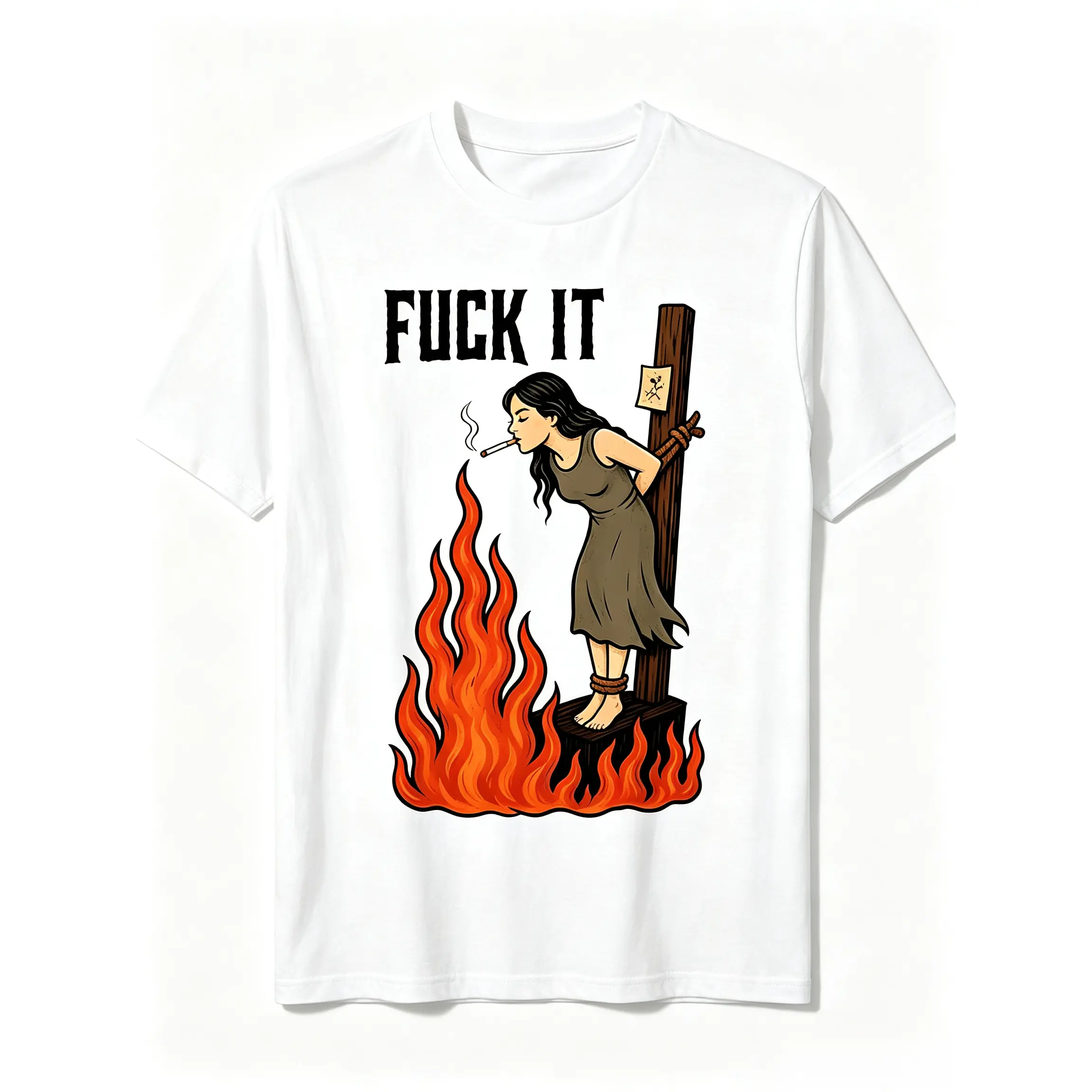 Adult Humor Graphic T-Shirt - Smooth, Natural Fabric, Oversized Classic Fit, Witch Burning in Flame, Girl Smoking Design (Sports & Outdoor Top), Relaxed Fit, Loose, Tops, Cotton, Shortsleeve, Round Neck, Print, Tee, Small, Soft, Apparel