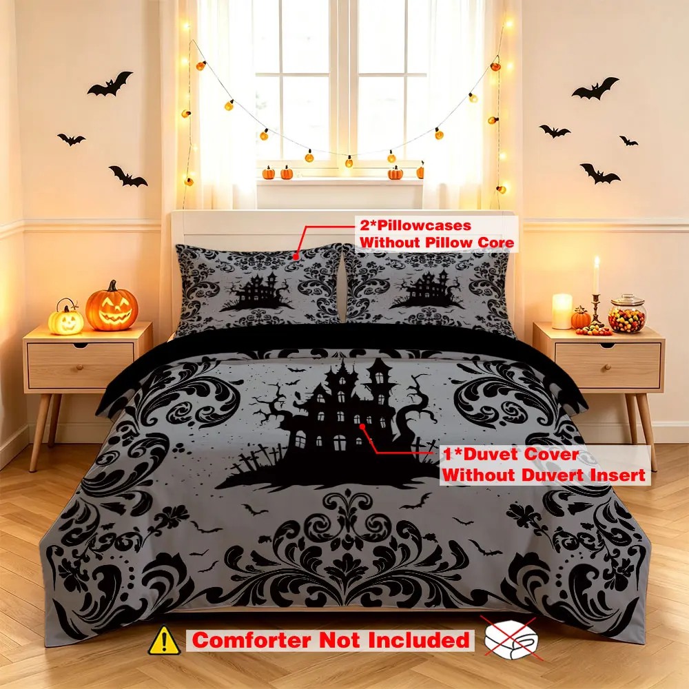 Halloween Themed 3-Piece Bedding Set | 1 Duvet Cover + 2 Pillowcases Without Inserts, Dark Castle, Pumpkin & Bat Print, Festive Decor for Hotel Bedroom & Dorm