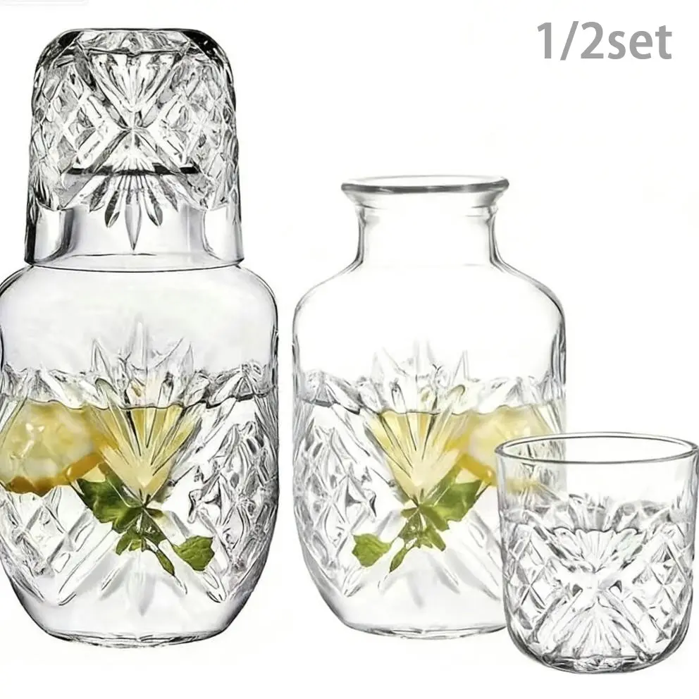 525ML Hand Blown Lead Free Crystal, Crystal Construction, Nightstand Carafe and Glass Set, Dust Proof Shatter Resistant Dishwasher Safe, Luxury Modern Stylish Drinkware for Home Decor, Bedroom Night Set, Housewarming Bridal Shower Holiday Gift