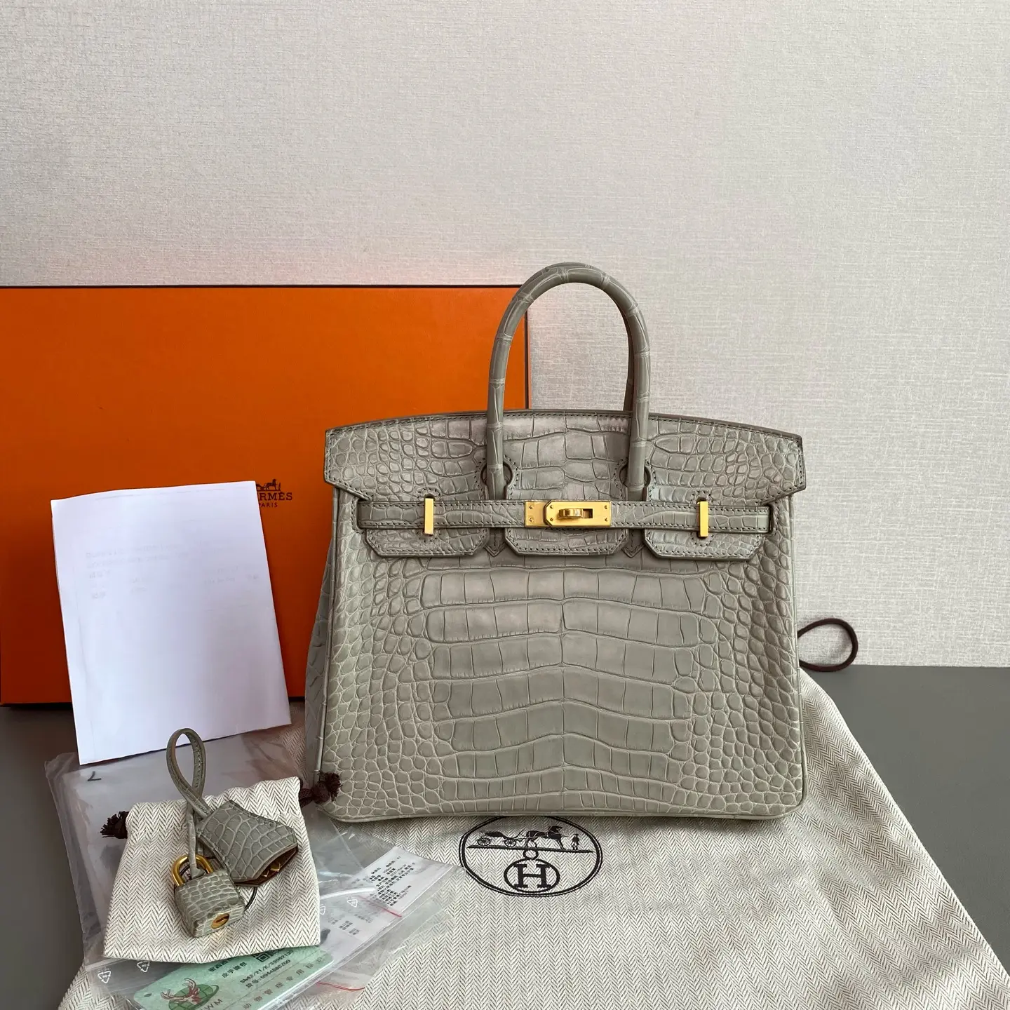 Pre-owned Hermes birkin25 Matte Alligator Brushed Gold Hardware Pearl Grey Luxury Bag P06E16021