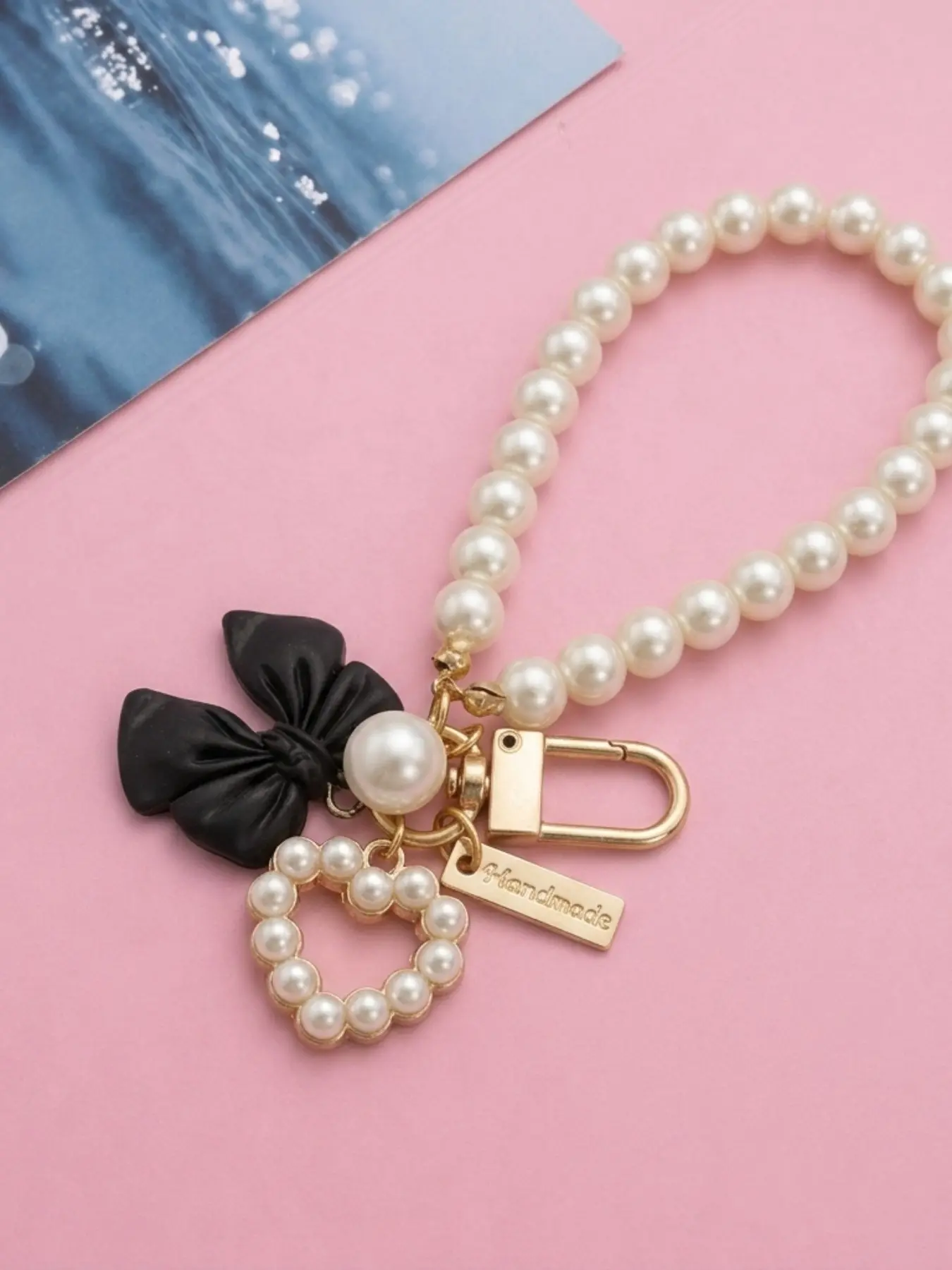 Sweet Pearl Bracelet Keychain, Bow Heart Pendant, Handmade Bag Charm, Korean Fashion Women's Wrist Chain