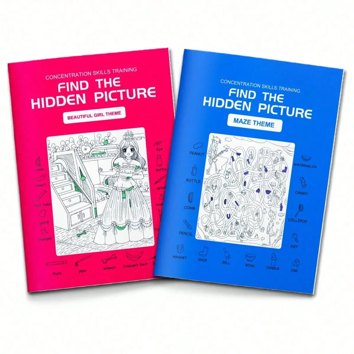 Activity manual for finding hidden images, visual search puzzles with detailed illustrations and item lists, training observation and focus, enhancing mental challenges, and providing fun without the need for screens