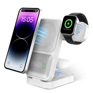 S1-A Foldable 3-in-1 Magnetic Wireless Charging Station with Digital Clock | Fast Qi Charger for iPhone, Apple Watch & AirPods, Desk & Travel Portable Charging Dock