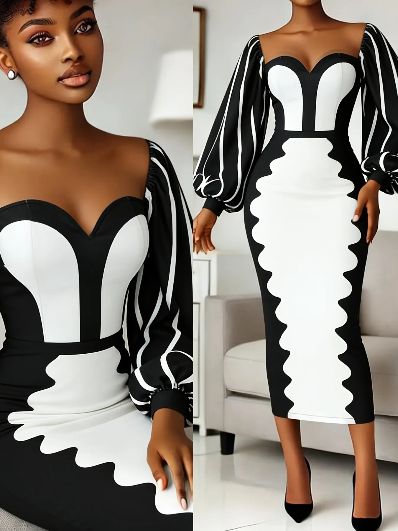 Women's Elegant Patchwork Dress, Heart Neck Lantern Sleeve Waist Cinch A-Line, Perfect for Daily Wear, Dates, Dinners