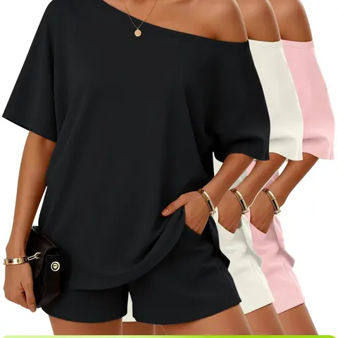 Women’s Casual Two Piece Lounge Set Off Shoulder Top & Loose-Fitting Elastic Shorts  Loungewear Pajama Nightwear Womenswear#summervibe