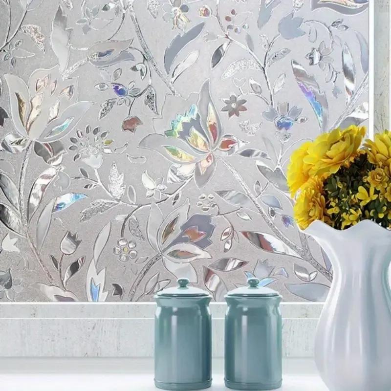 Elegant Tulip Floral Privacy Window Film, Self-Adhesive No Glue, Transparent Non-Sensitive Floral Design Decorative Glass Sticker, Easy Peel & Stick, Office Living Room Decorative Stickers, Floral Pattern Sticker