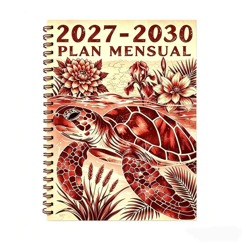 2027-2030 Spanish Monthly Planner, A5 size, 124 pages of high-quality paper, retro red/yellow single-color sea turtle underwater water lily iris flower art bronze spiral notebook