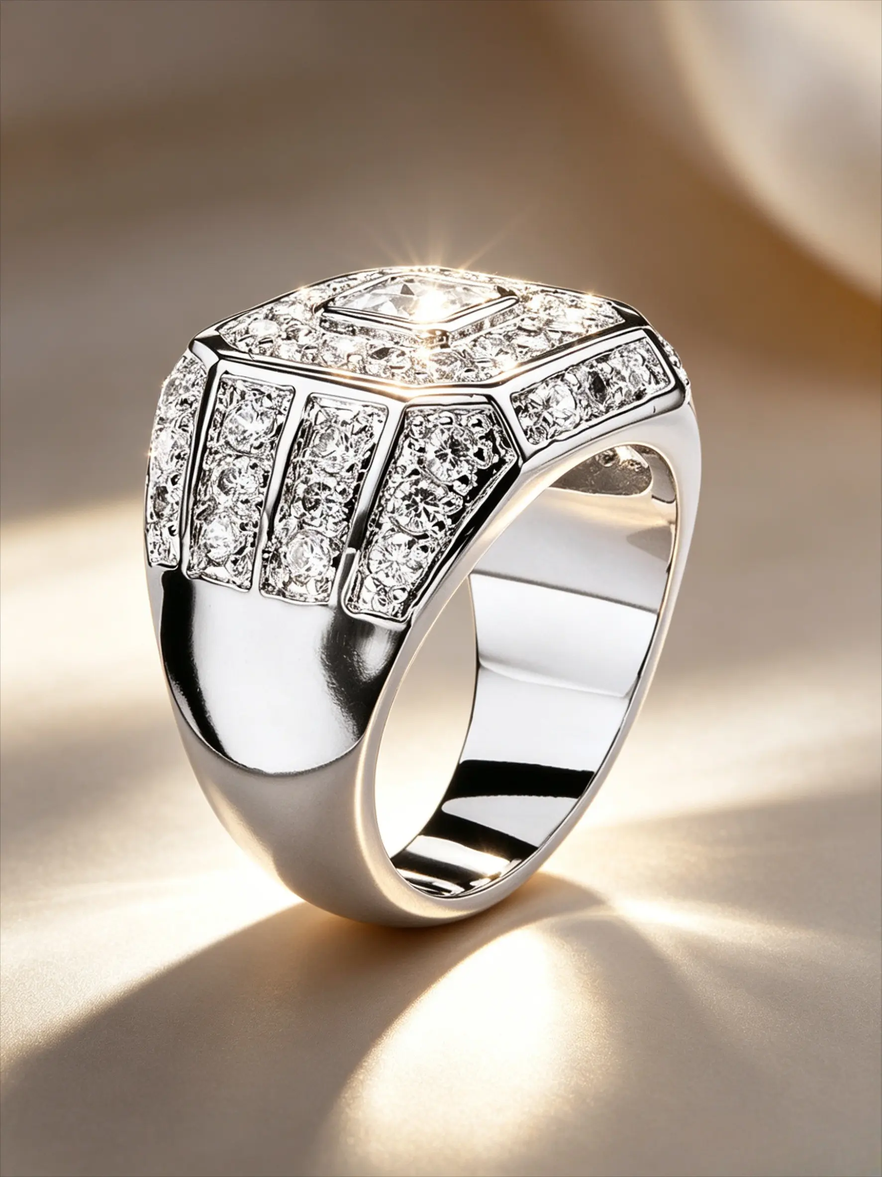 Luxury Men's Square Princess Cut Silver Ring, Inlaid Shiny Crystal, Fashionable Engagement & Wedding Band for Men, Zircon Rings, Sparkling Rings, Jewelry Ring