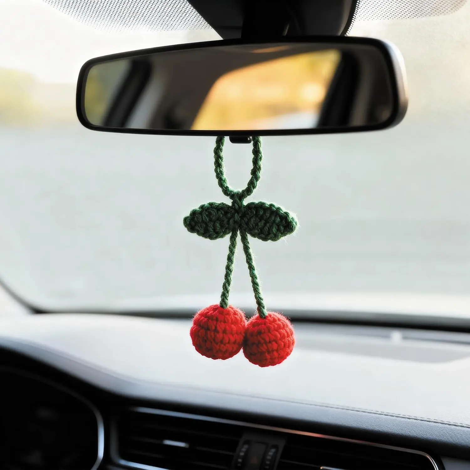 Cute Crochet Cherry for  Rear View Mirror,   Mirror  Accessories for Women and Men, Cute Interior Decor Accessories