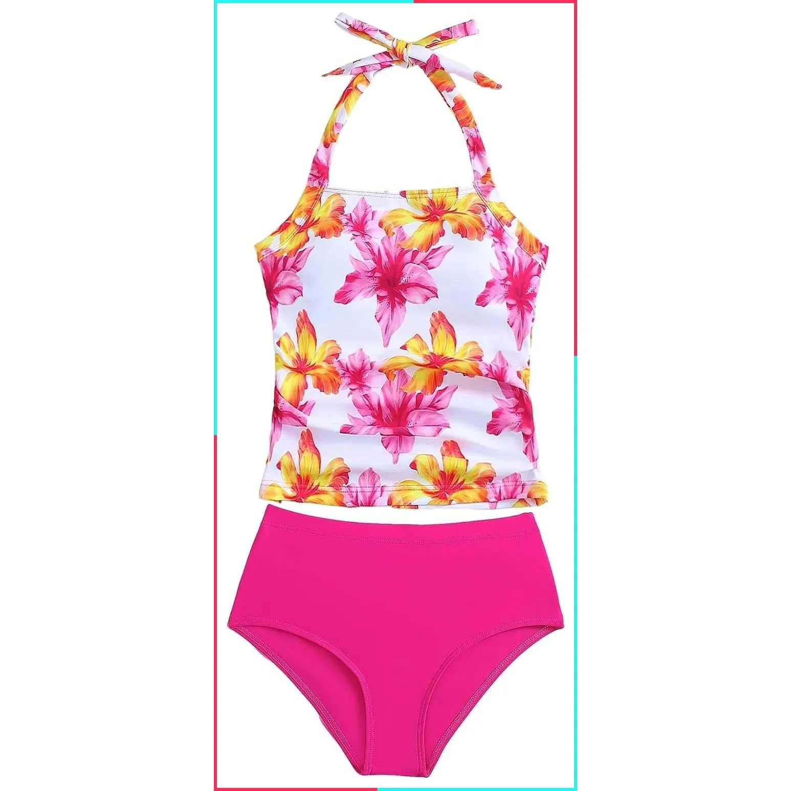 Girls' 2-Piece Tankini Swimsuit Halterneck Bathing Suit with Adjustable Straps and Removable Bra for Ages 7-16