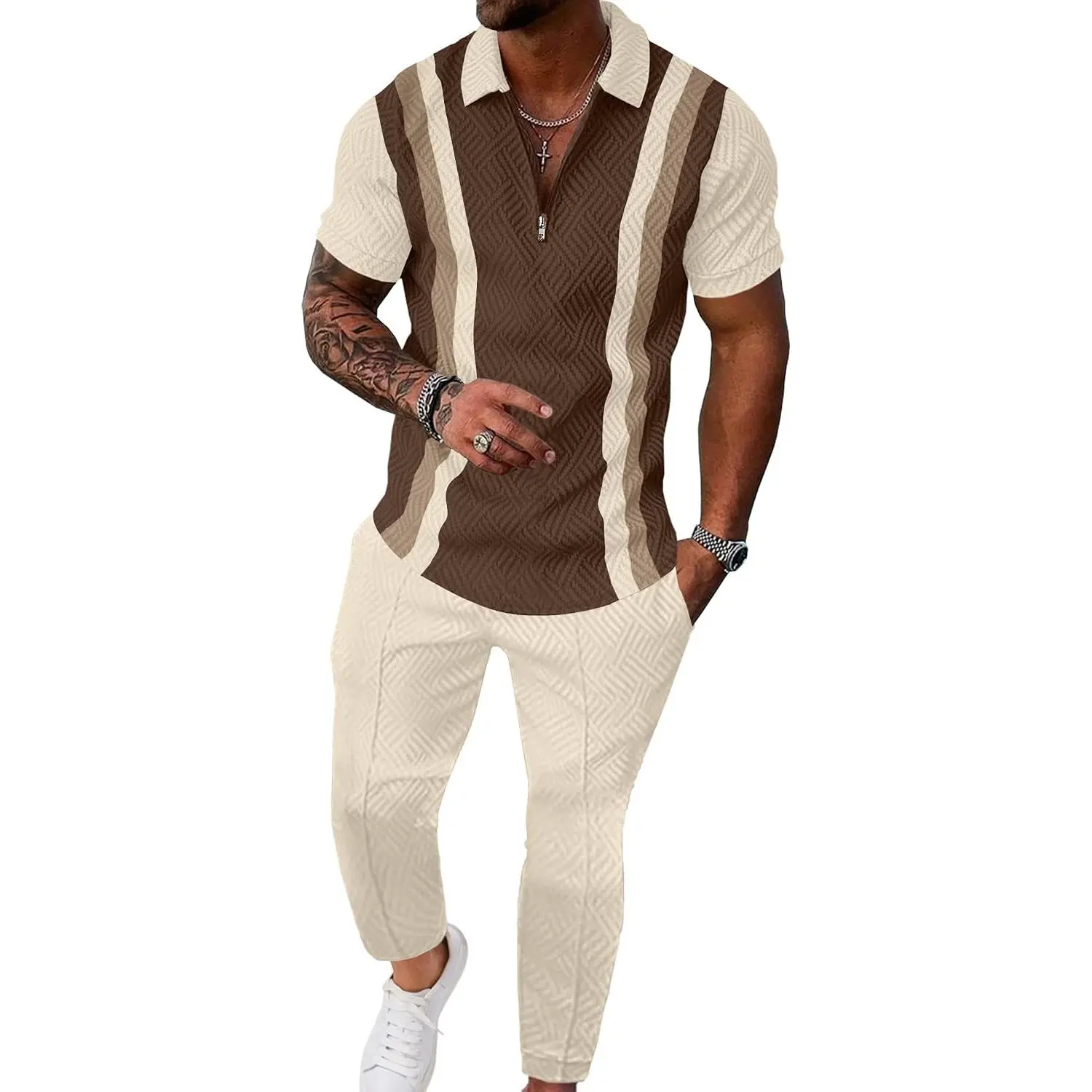 Men's 2-Piece Color Block Tracksuit Set with Quarter-Zip Short Sleeve Textured Polo & Joggers S-3XL(Gift)