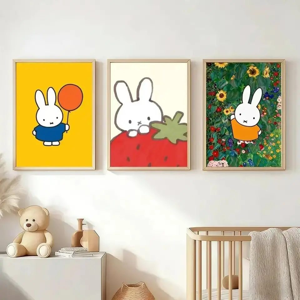 3pcs Cute Cartoon M-MiffyS-ES Rabbit Poster Retro Art Wall Decoration Living Room Bedroom Home Frameless Canvas Painting