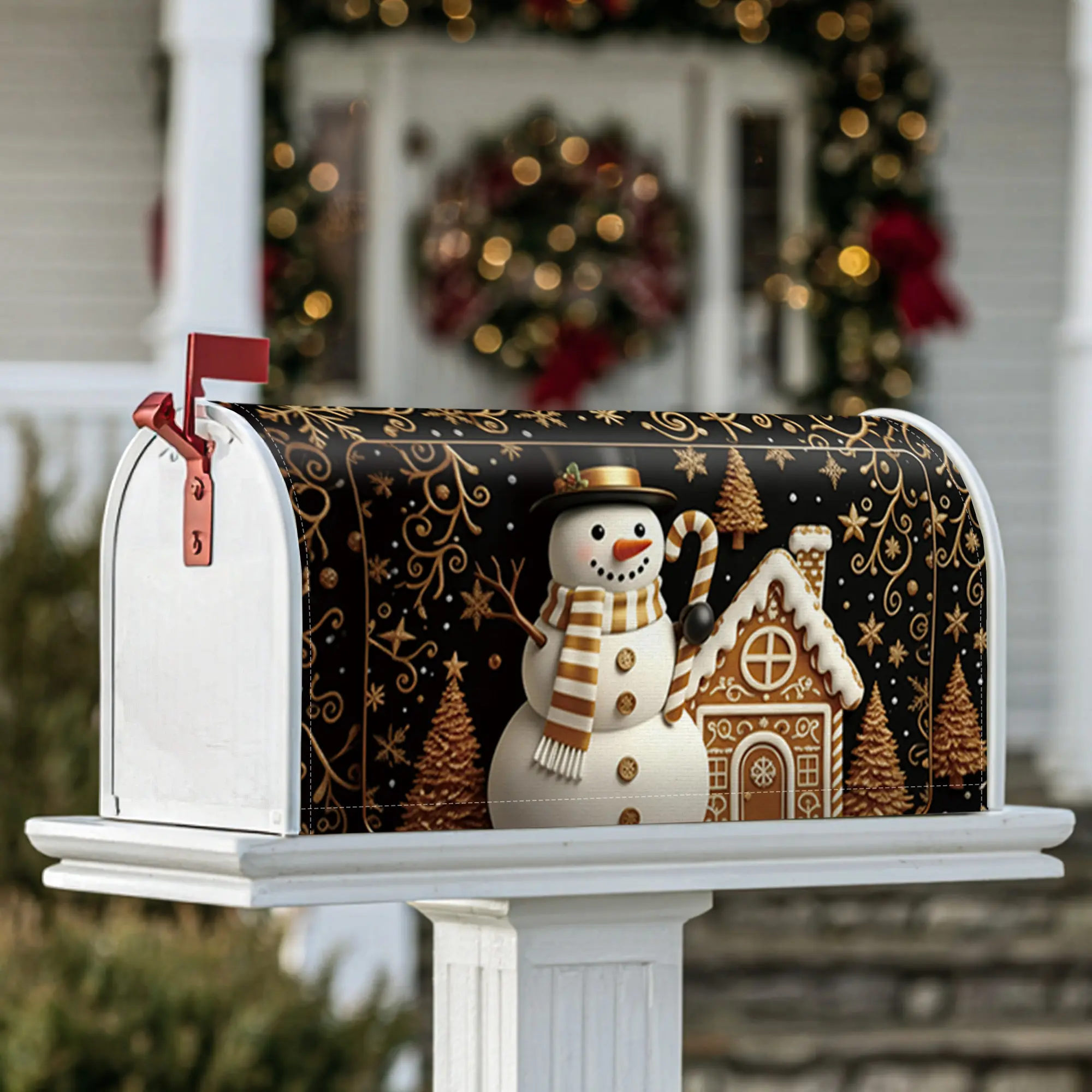 snowman Magnetic Mailbox Covers, Christmas festive gingerbread house Christmas tree Christmas black Mail Box Covering for Front Door Decor