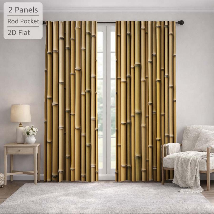 2Pcs Natural Style Bamboo Pattern Sun Blocking Curtains Digital Printed Rod Pocket, Window Treatment For Bedroom Office Kitchen Living Room Study Home Decor