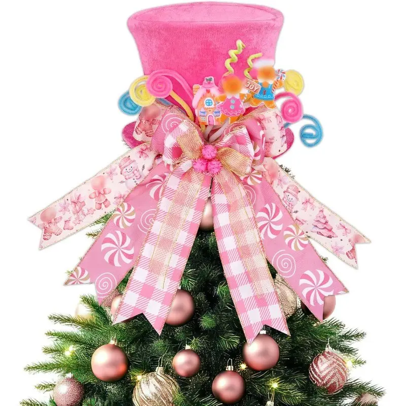 Hat Christmas Tree Topper Star Decoration, Gingerbread Man Bow and Candy Cane, Holiday Decorations for Christmas Trees and Parties