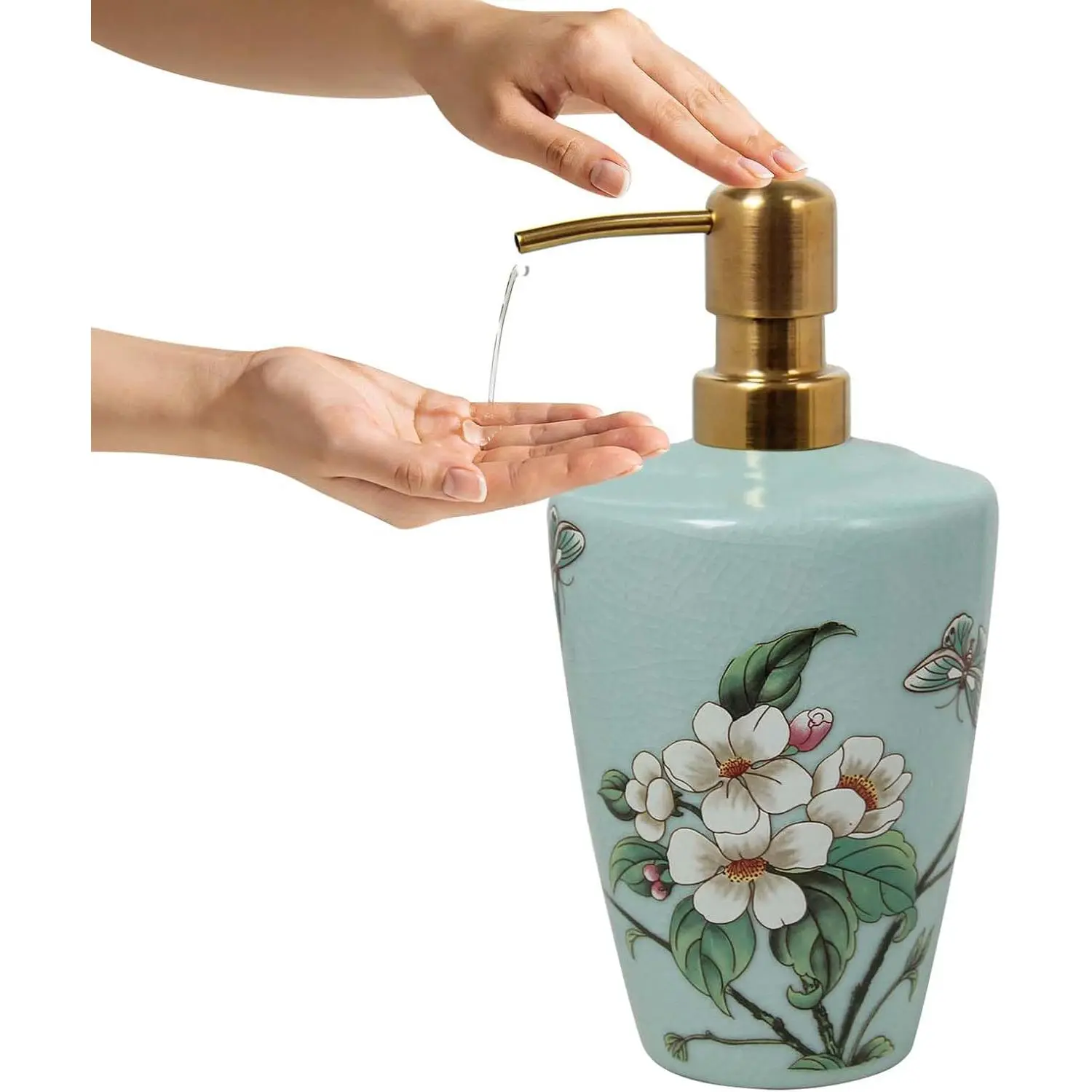 16.9oz Ceramic Soap Dispenser, Vintage Floral Pattern Lotion Bottle with Pump, Refillable Hand Soap Dispenser for Bathroom, Kitchen Sink, countertop and Essential Oil (Green)