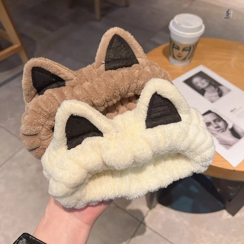 Cute Cat Ear Hair Wrap Headband |     Trending Plush Ribbon Hair Cover, Soft Fluffy Facial Skincare Hair Band, Fashion Casual Accessory for Mask Washing Makeup Daily Home Use