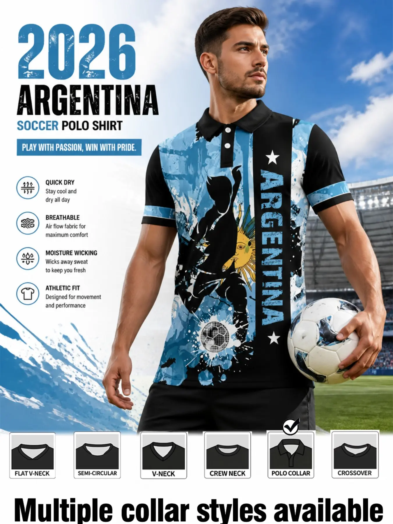 2026 Argentina Sport Short Sleeve Jersey, Training & Casual Wear, Graffiti Star Sun Design, Vertical Letter Print, Striped Sleeves, Fan Apparel
