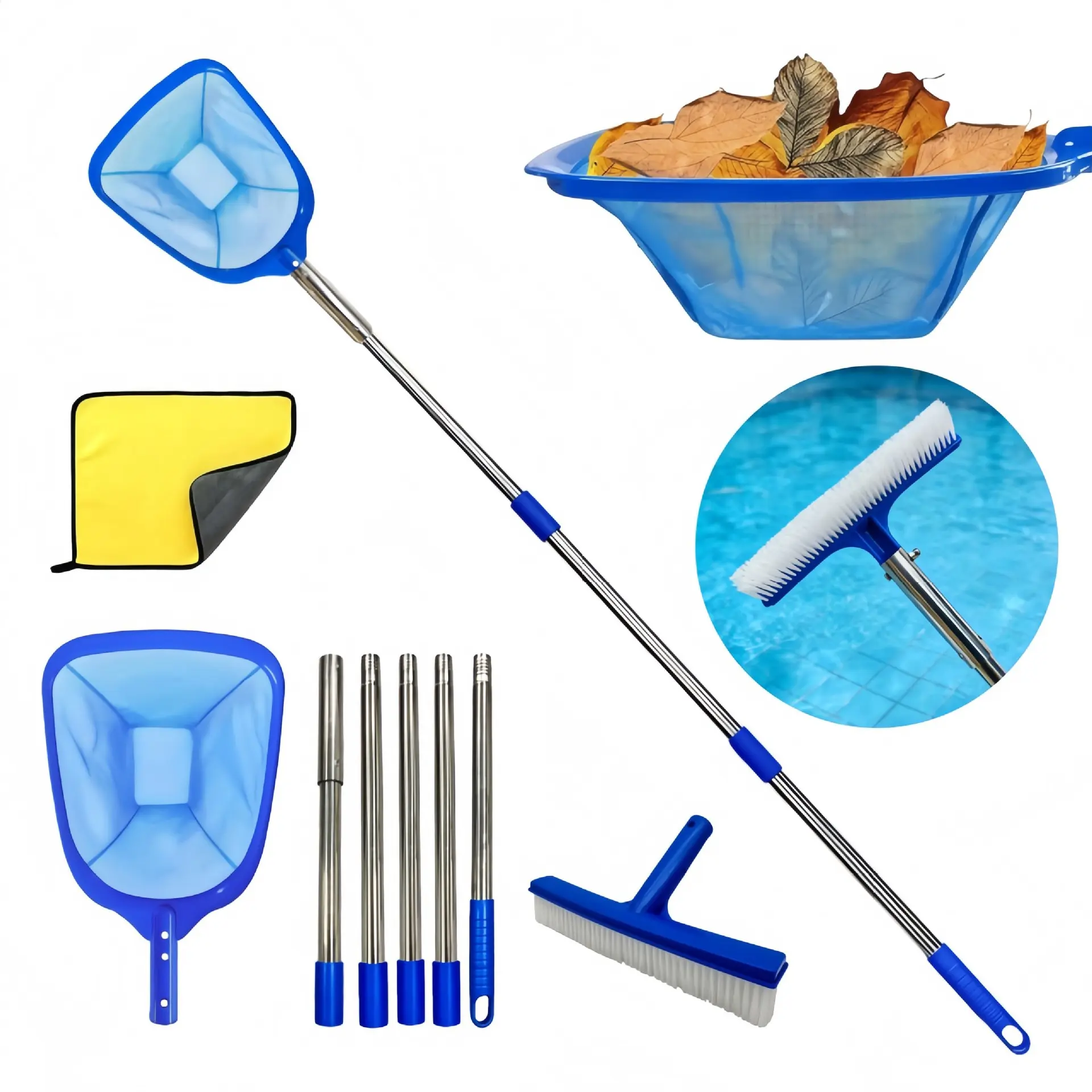 Pool Cleaning Brush Set, Pool Skimmer Net, Leaf Remover, Stain Scrubber, Multi-in-1 Complete Pool Maintenance Kit with Telescopic Stainless Steel Pole, Heavy Duty Swimming Pool Cleaning Tools for Inground & Above Ground Pools