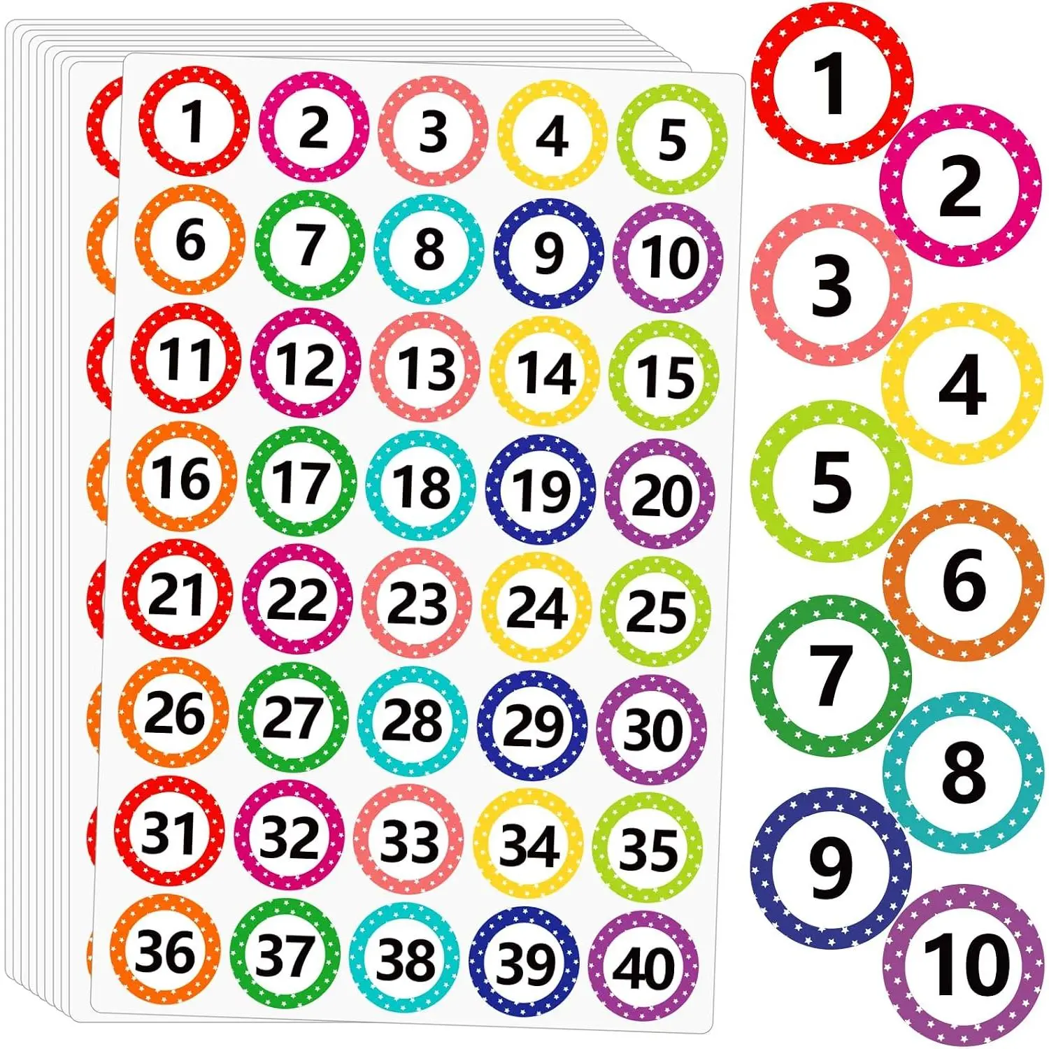 1 Inch Number Stickers for Classroom 1-40, 12 Sheets Dot Consecutive Number Labels, Colored Numbers , Inventory Sticker, Dot Stickers for Office, Storage, Indoor, Boxes (10 Colors)