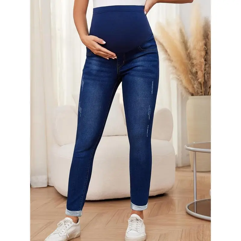 Women's Prenatal Maternity Skinny Jeans - Soft Stretchy Denim, Mid-Elastic Waist, Elegant Casual, All-Season, Dark Blue with White Stitching, Pregnancy Clothes, Prenatal Maternity Clothing
