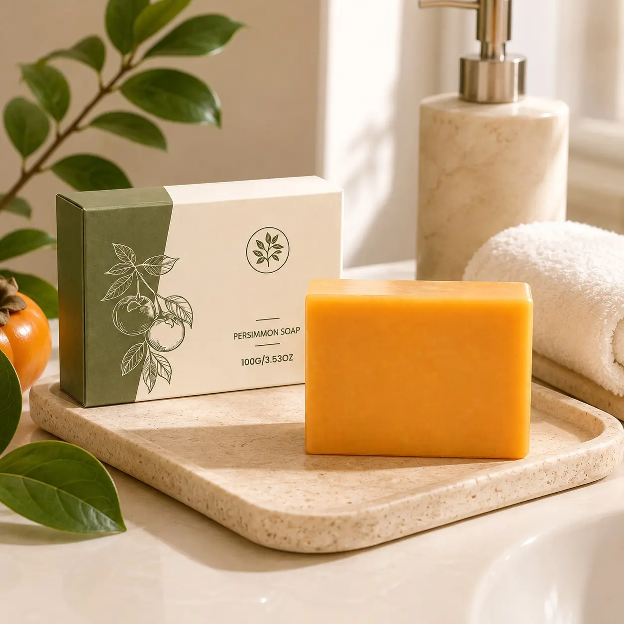 1 Pc Persimmon Bath Soap Botanical StyleFresh Clean Feel for Daily Body Care
