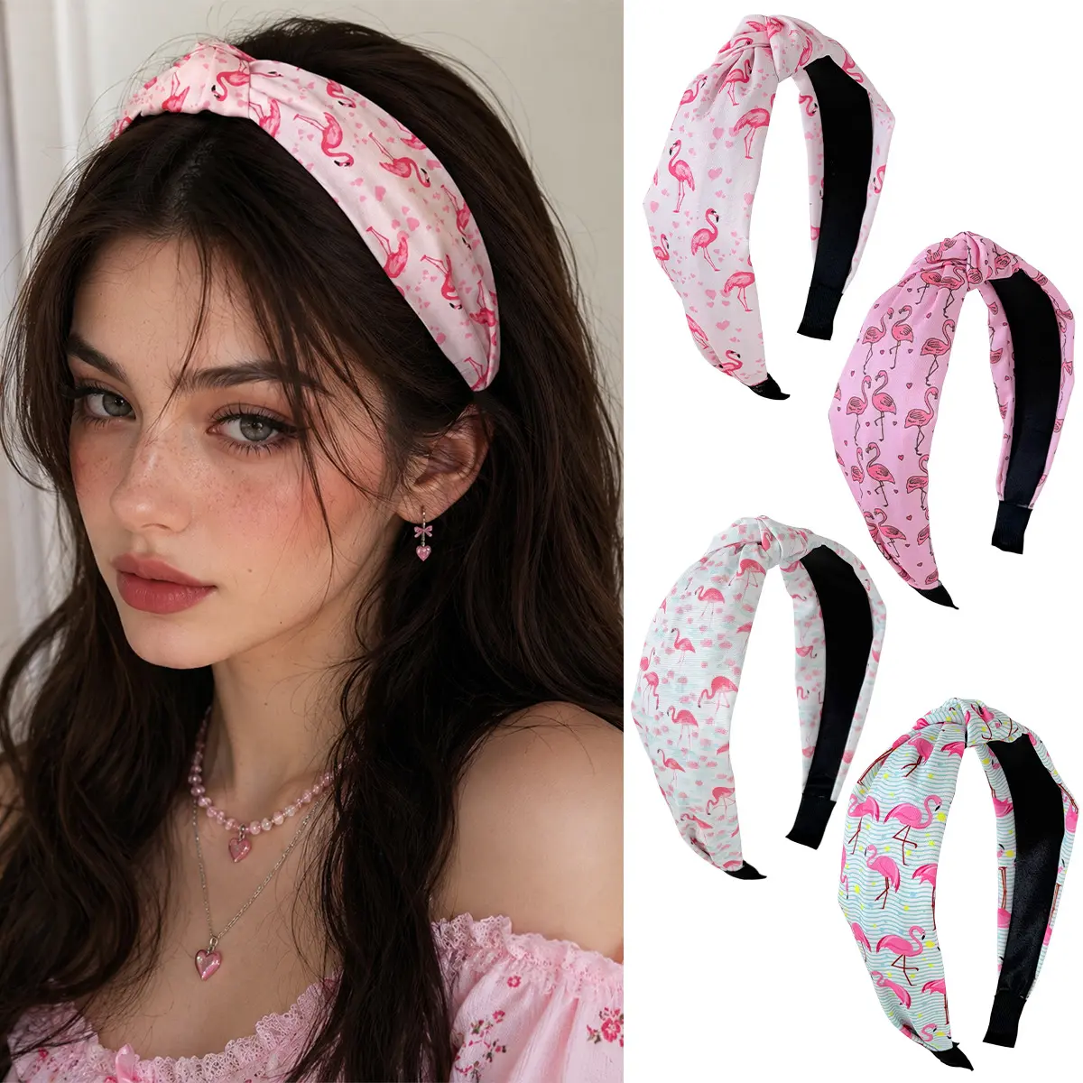 Women's Fashion Flamingo Print Fabric Knotted Headband - Wide Edge, Elastic Non-Slip Design, Pressure-Free Comfort, Pull-On, All-Size Fit Bag Accessory for Daily Wear, Yoga, Everyday, Casual Wear, Face Wash Routine