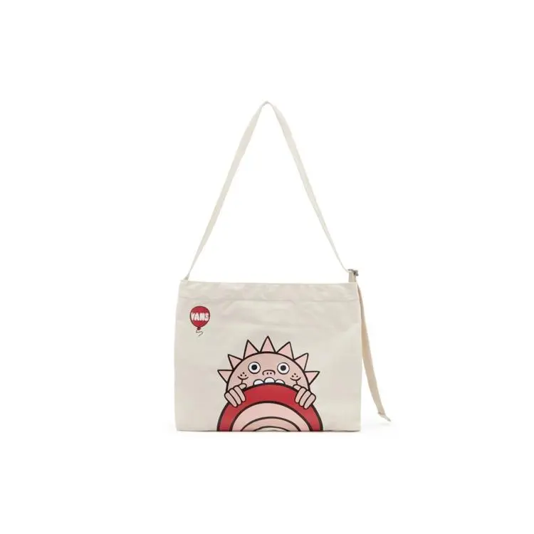 Vans x Little Monster Collaborative Cotton Crossbody Bag for Men and Women, Casual Printed Style, White