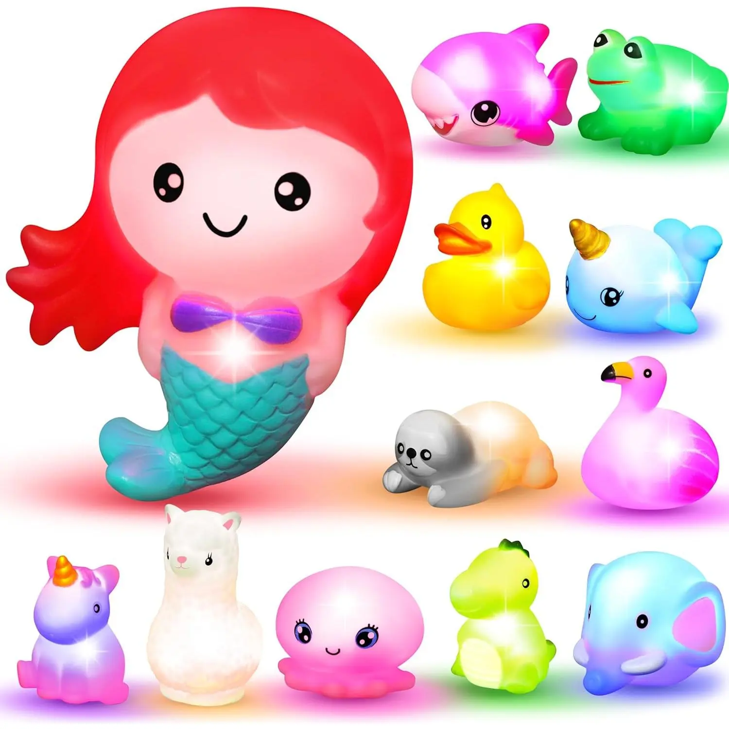 12 PCS Light Up Bath Toys, Toddler Flashing Colourful LED Bathtub Mermaid Toy, Baby Bathtime Floating Rubber Shower Gifts for Infant Kids Girls Valentines Easter Basket Stuffers Pool Party Favorfidget toys