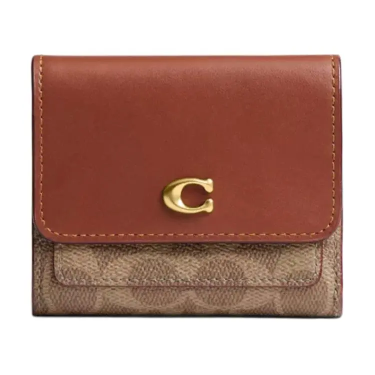 COACH Mila Signature Flap Wallet for Women – Faux Leather and Genuine Leather in Tan Caramel