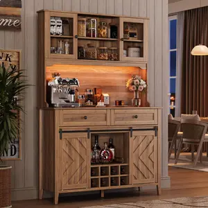 Garvee 72-inch Farmhouse Bar Cabinet with Sliding Barn Door, Large Kitchen Buffet with Hutch, Wine Storage, Charging Station, 2 Drawers, 8 Shelves, LED Rustic Coffee Bar in Walnut Finish