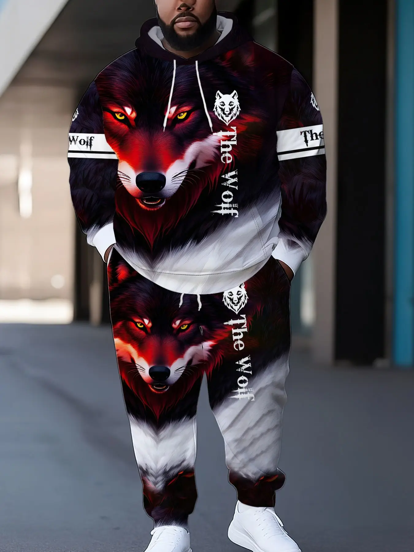 Gradient Eye Wolf King the Wolf Letter 3D Full Print Plus Size Men's Hooded Sports Set, Hoodie Sweatsuit Set, Casual Long Sleeve Sweatshirt Graphic Tracksuit