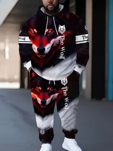 Gradient Eye Wolf King the Wolf Letter 3D Full Print Plus Size Men's Hooded Sports Set, Casual Long Sleeve Sweatshirt Graphic Tracksuit