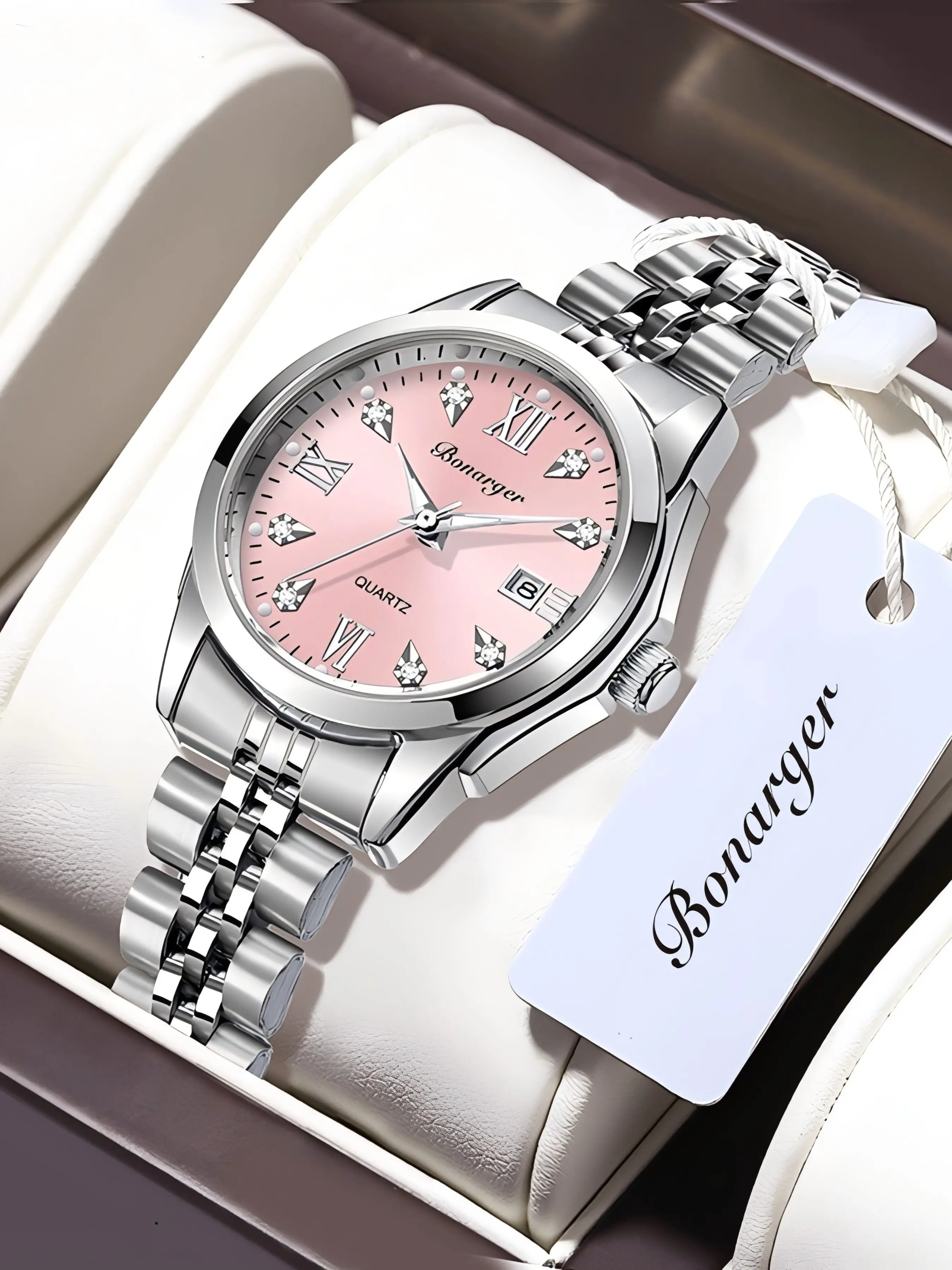 Women's Quartz Watch with Diamond Accents and Roman Numerals, Elegant Stainless Steel Band, Calendar Display, Night Light, Gift Box Included