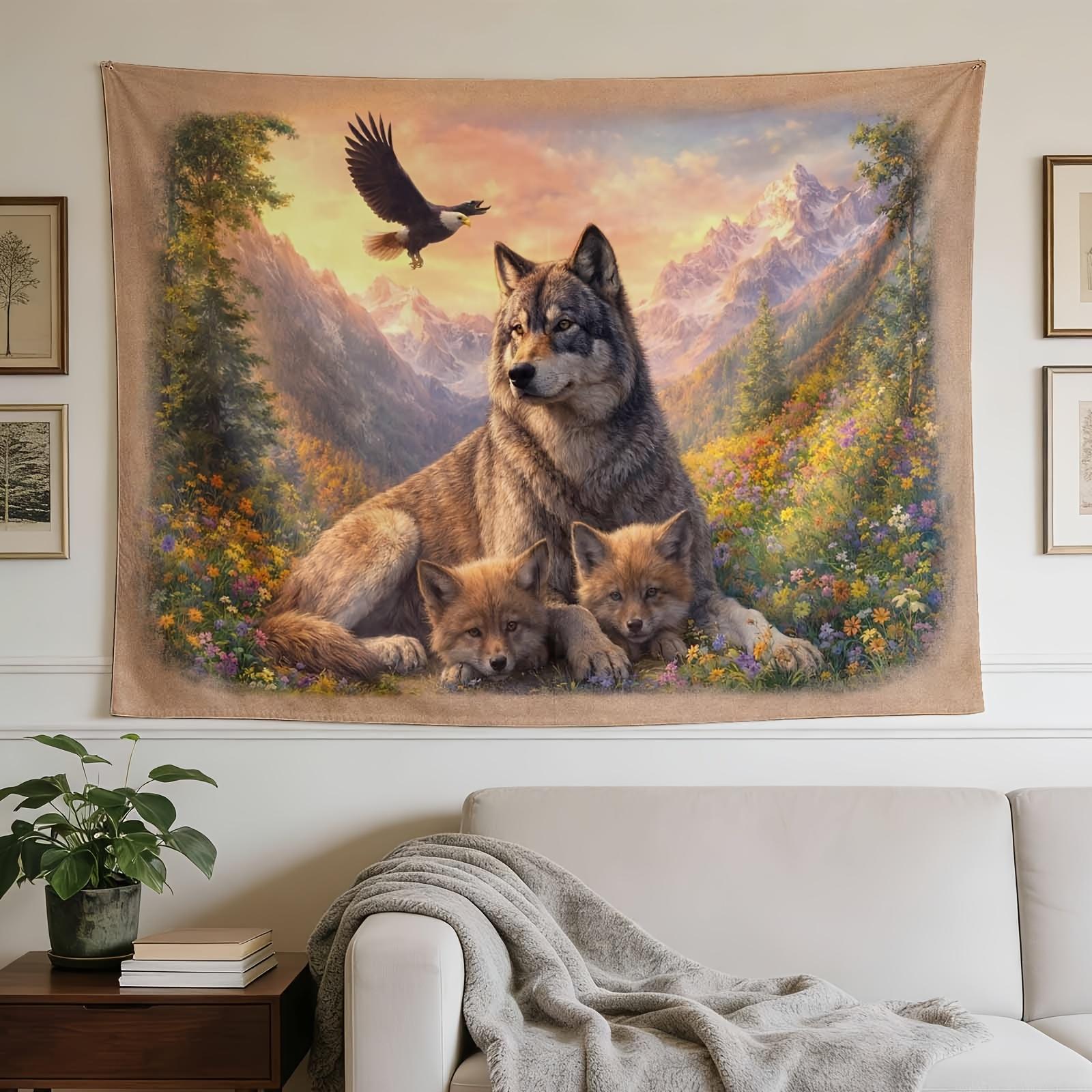 An Elegant Wall Hanging, Wolf with Cubs, Scenic Background, Ideal for Enhancing The Decor of Homes, Dormitories, And Bedrooms
