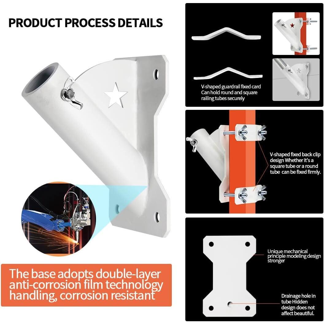 Flag Pole Bracket for 1" Dia Flag Pole Mount, Heavy Duty Carbon Steel, Black, Wall Mount, 45  Angle, Includes Mounting Hardware