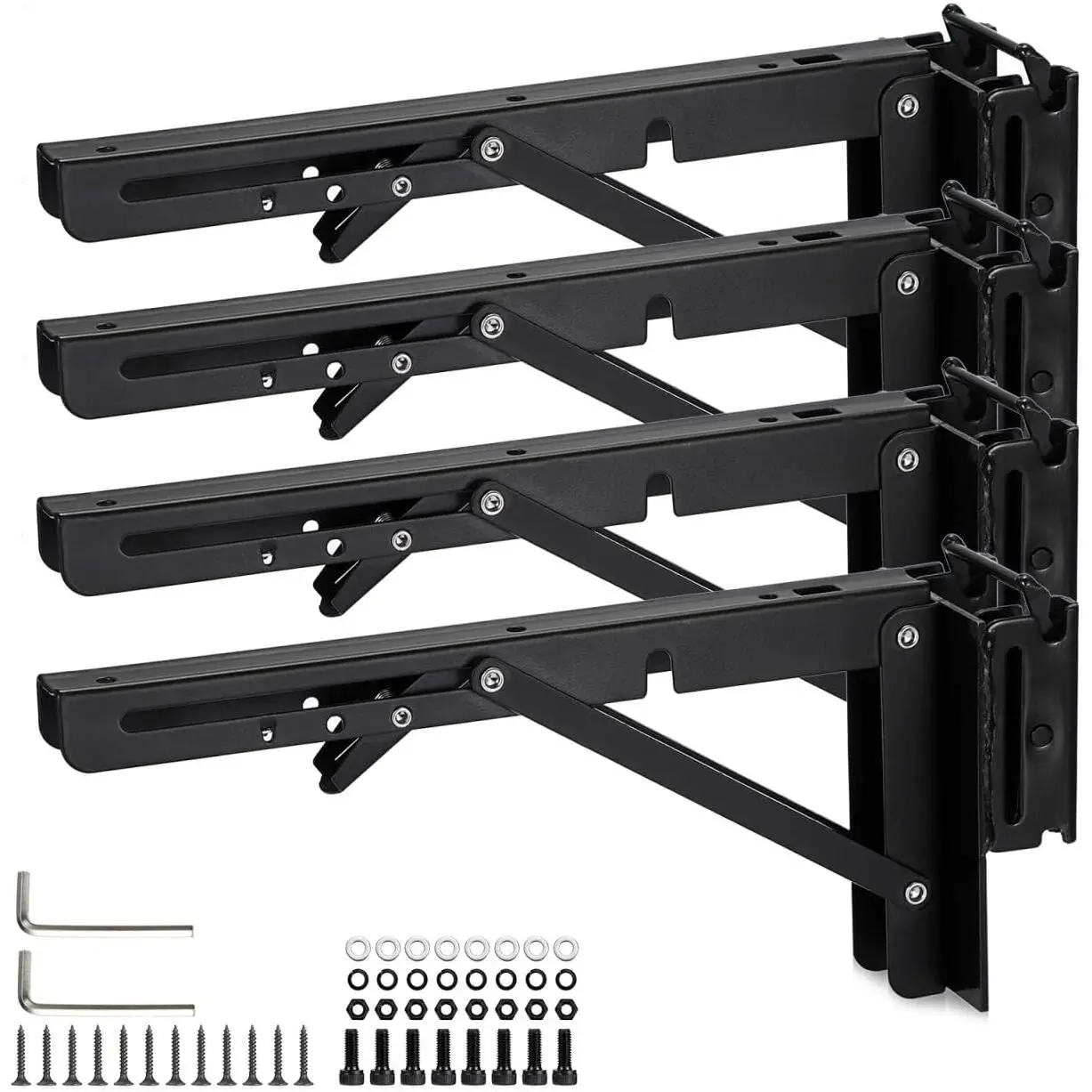 OwnMy 10" x 4.7" Steel E-Track Foldable Shelf Brackets - 4pcs Heavy-Duty Bracket Kit with Shelf Support, Easy-to-Install E-Track Accessories for Enclosed Trailers, Trucks, Van Garage Workbench Rails
