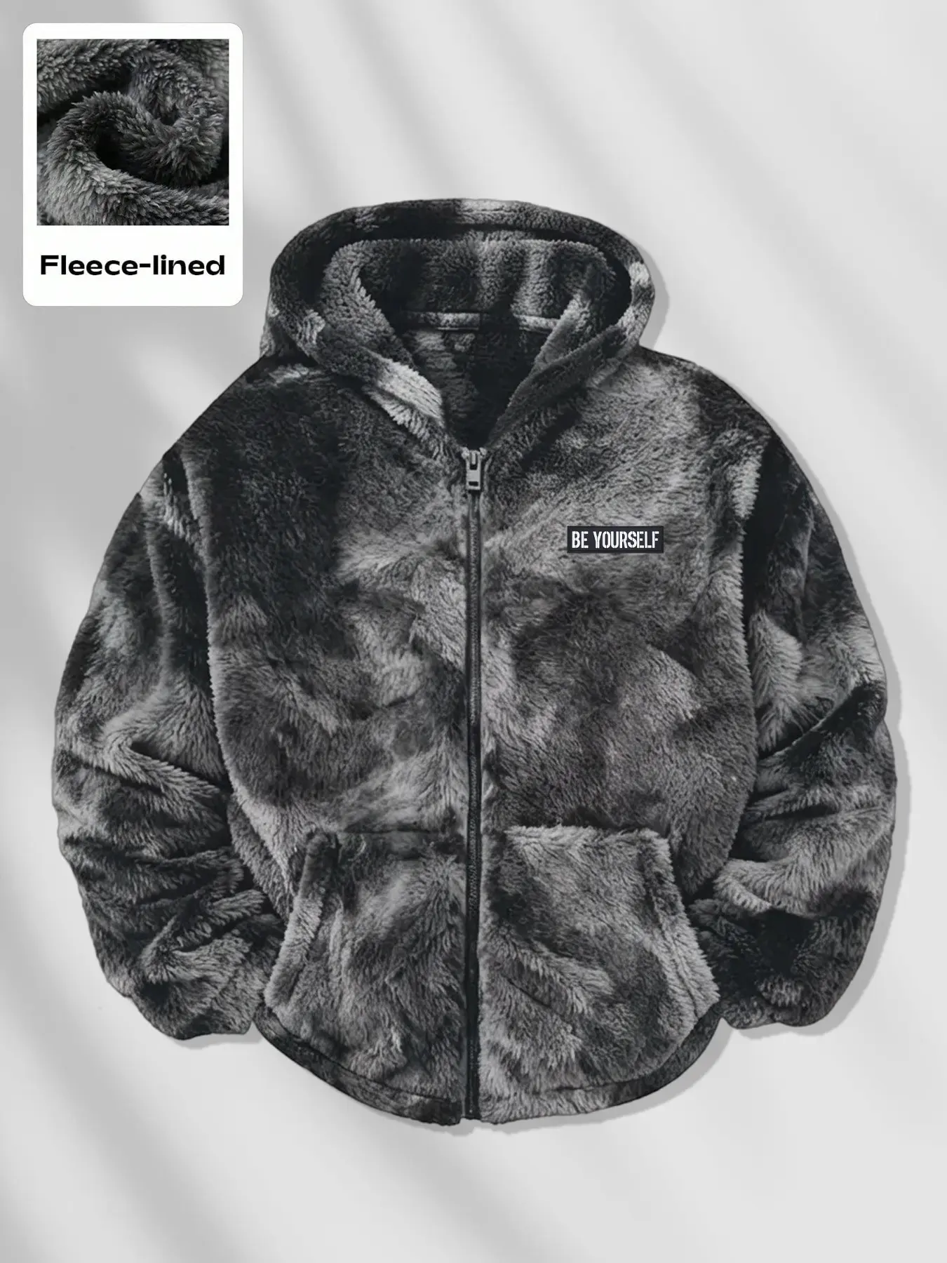 Men's Charcoal Tie-Dye Fleece Hoodie, Full-Zip Fuzzy Jacket with Kangaroo Pocket, Inspirational Slogan, Y2K Street Style, Winter Outerwear
