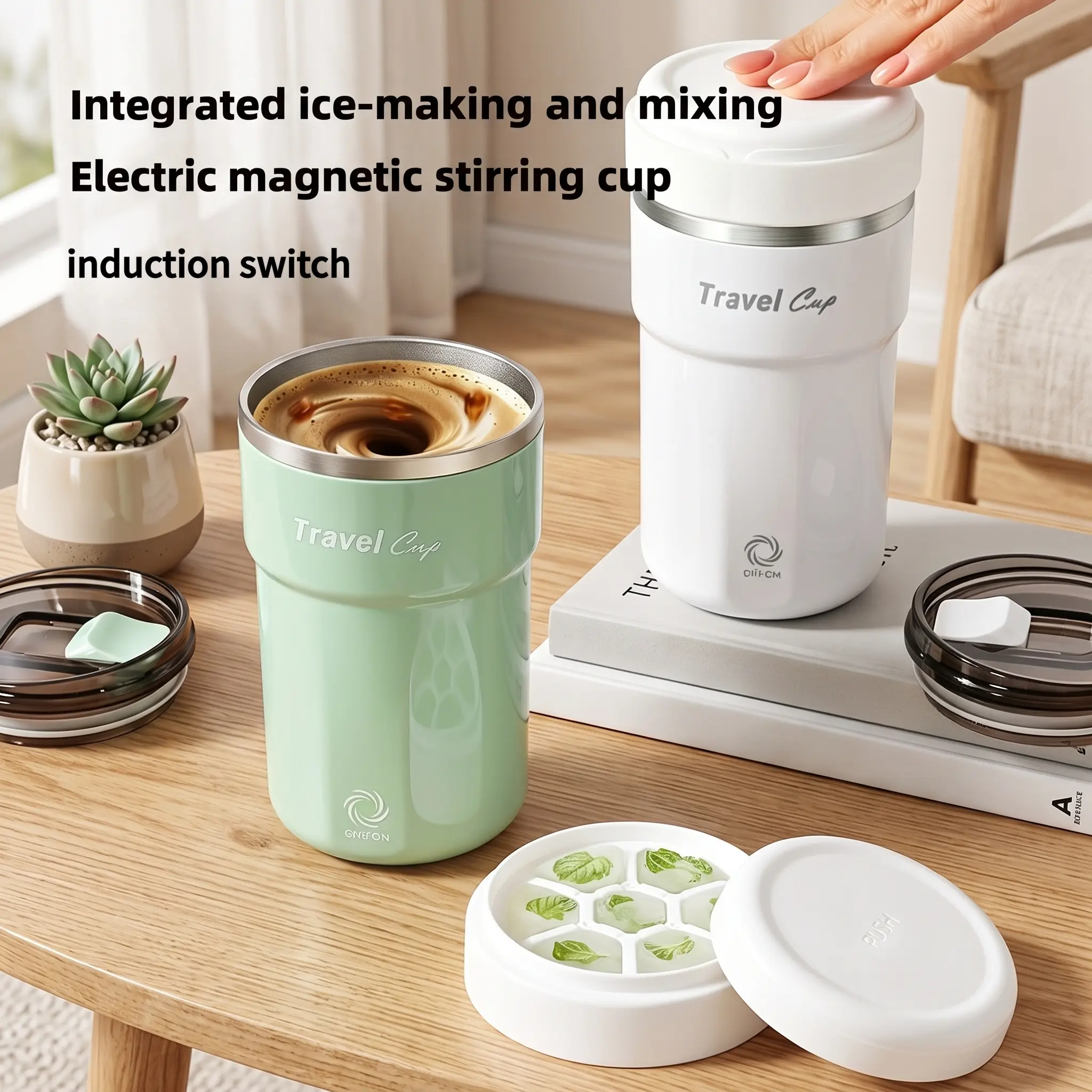 Electric Self Stirring Coffee Mug, 304 Stainless Steel Insulated Travel Tumbler with Ice Cube Tray Lid, Type-C Rechargeable Leak Proof Magnetic Mixing Cup-YY1