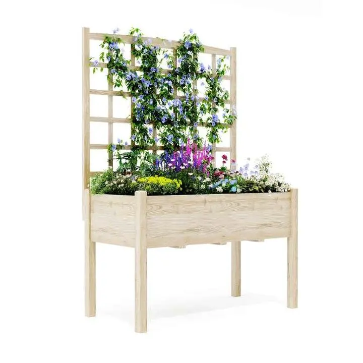 Elevated Wooden Planter Box, 65" Tall Raised Garden Bed on Legs with Trellis and Liner, Freestanding Outdoor Pot for Vegetables, Herbs, Flowers & Climbing Plants, Patio, Balcony and Backyard Use