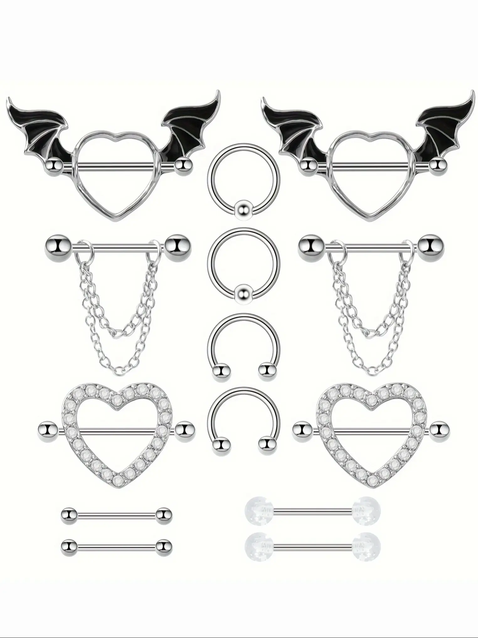 14pcs Stainless Steel Nipple Rings for Women Tongue Ring Piercing Body Jewelry Barbell CZ Heart Shape Barbells Piercing Rings Gothic Accessories Body Jewellery