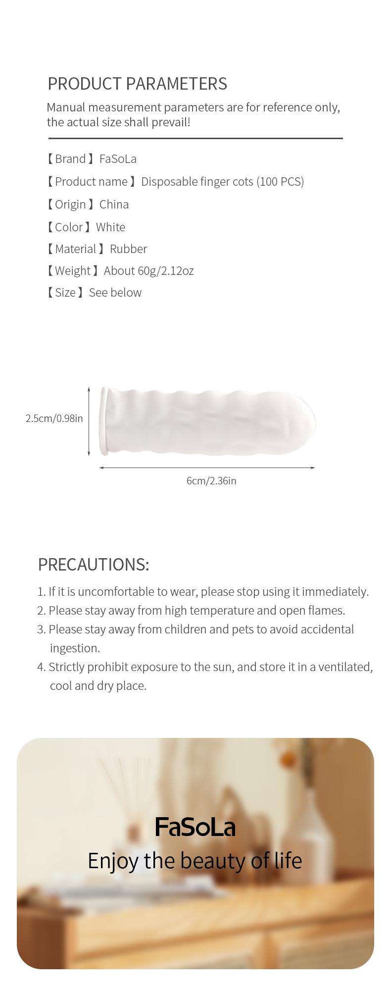 FaSoLa disposable rubber finger covers are non-slip, wear-resistant, and provide hand protection. They are highly elastic and allow touch-screen use, offering flexible dexterity