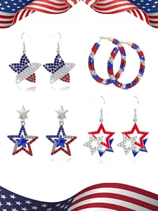 July 4th American Independence Day Patriotic Earrings, Sparkling Round Ring Earrings, Bohemian Crystal Earrings, Blue Festival Gift