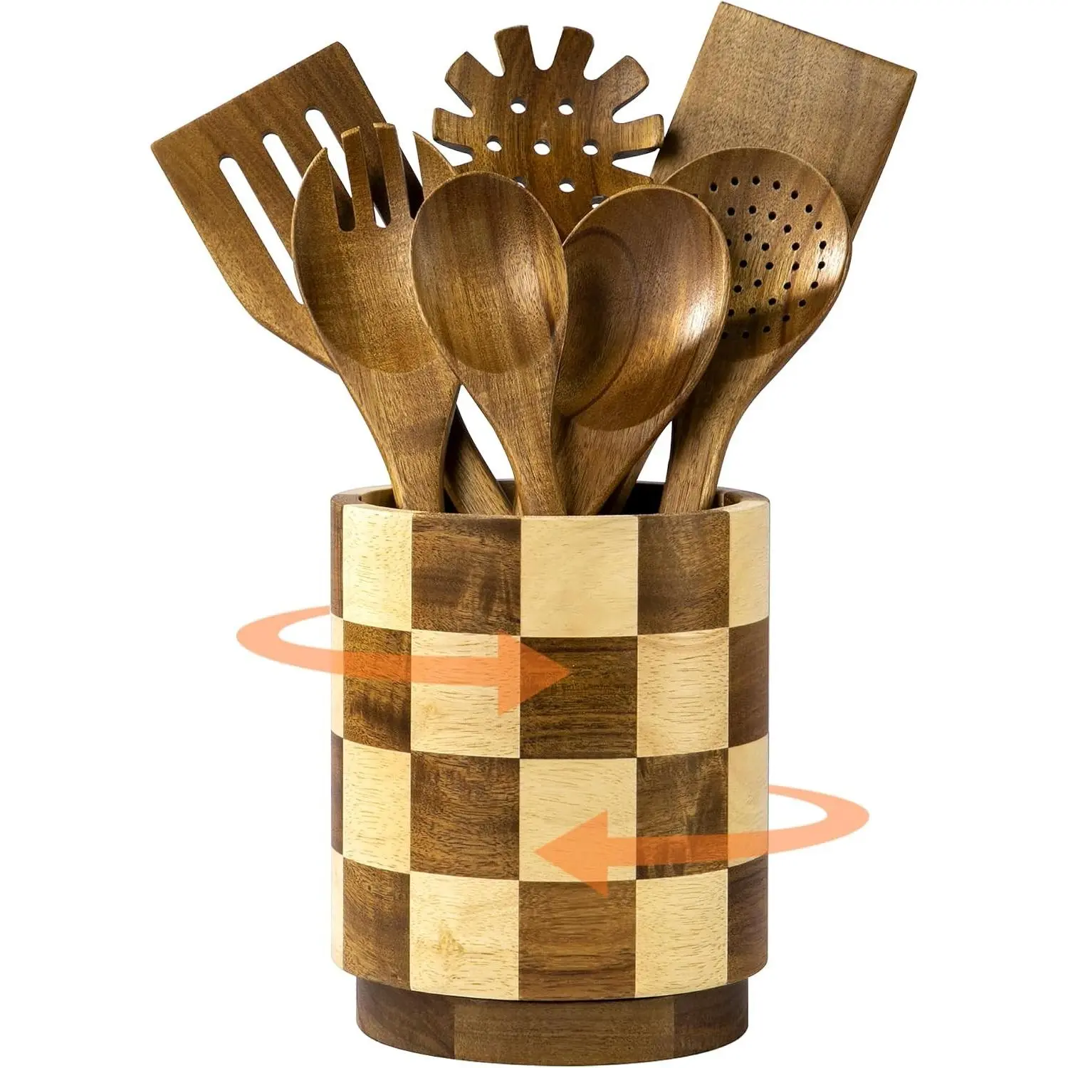 Wooden Utensil Holder, 360°Rotating Checkered Kitchen Utensil Holder | 7.2" Acacia Wood Utensil Holder for Countertop, Non-Slip Feet, Cooking Spatula Holder, Checkered Kitchen Decor, Gift Box