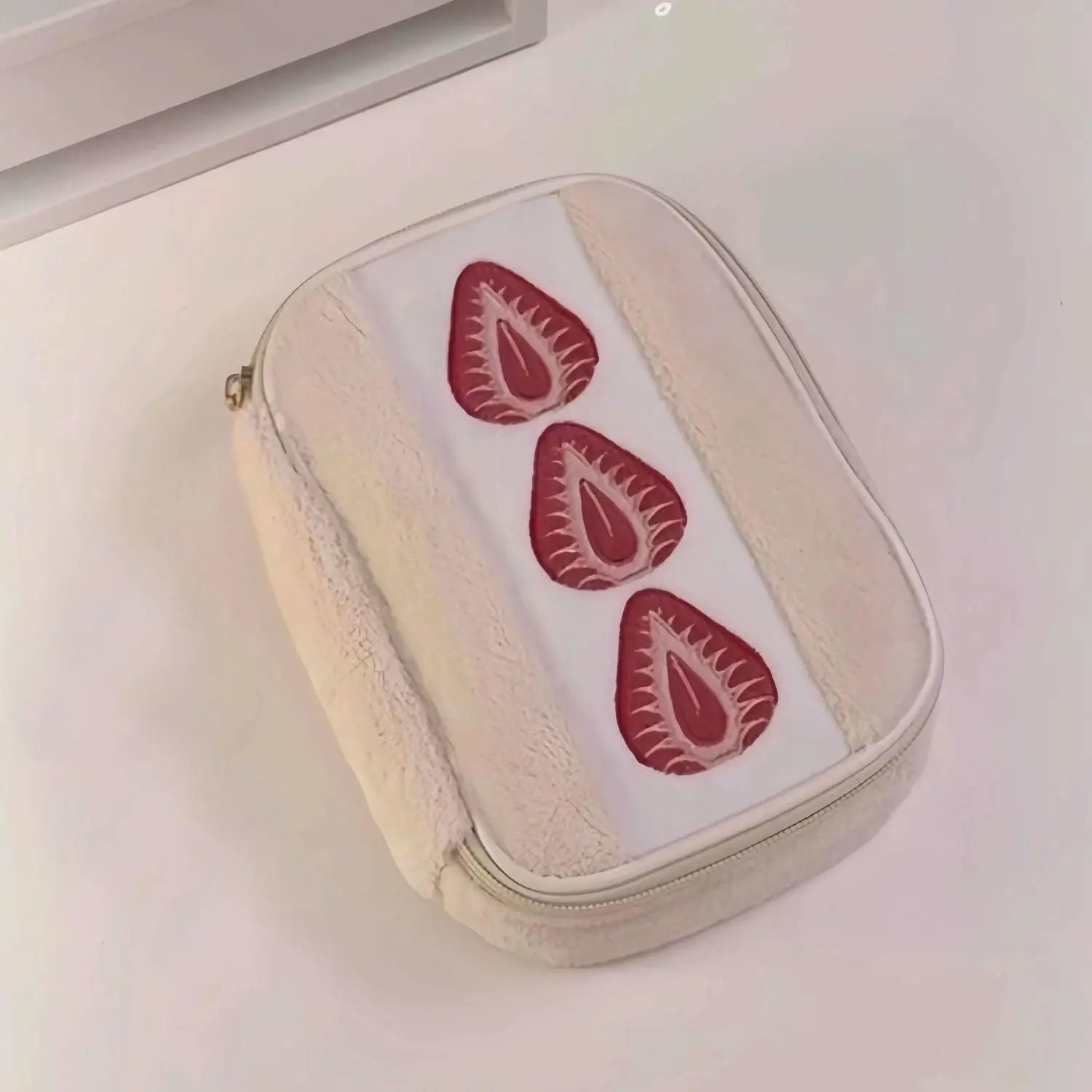 F Furry Embroidered Strawberry Pencil Case, High-End Large Capacity Makeup Bag 2-In-1, Cute Kawaii Style Stationery Pouch, Multipurpose Portable Organizer, Desk Supplies
